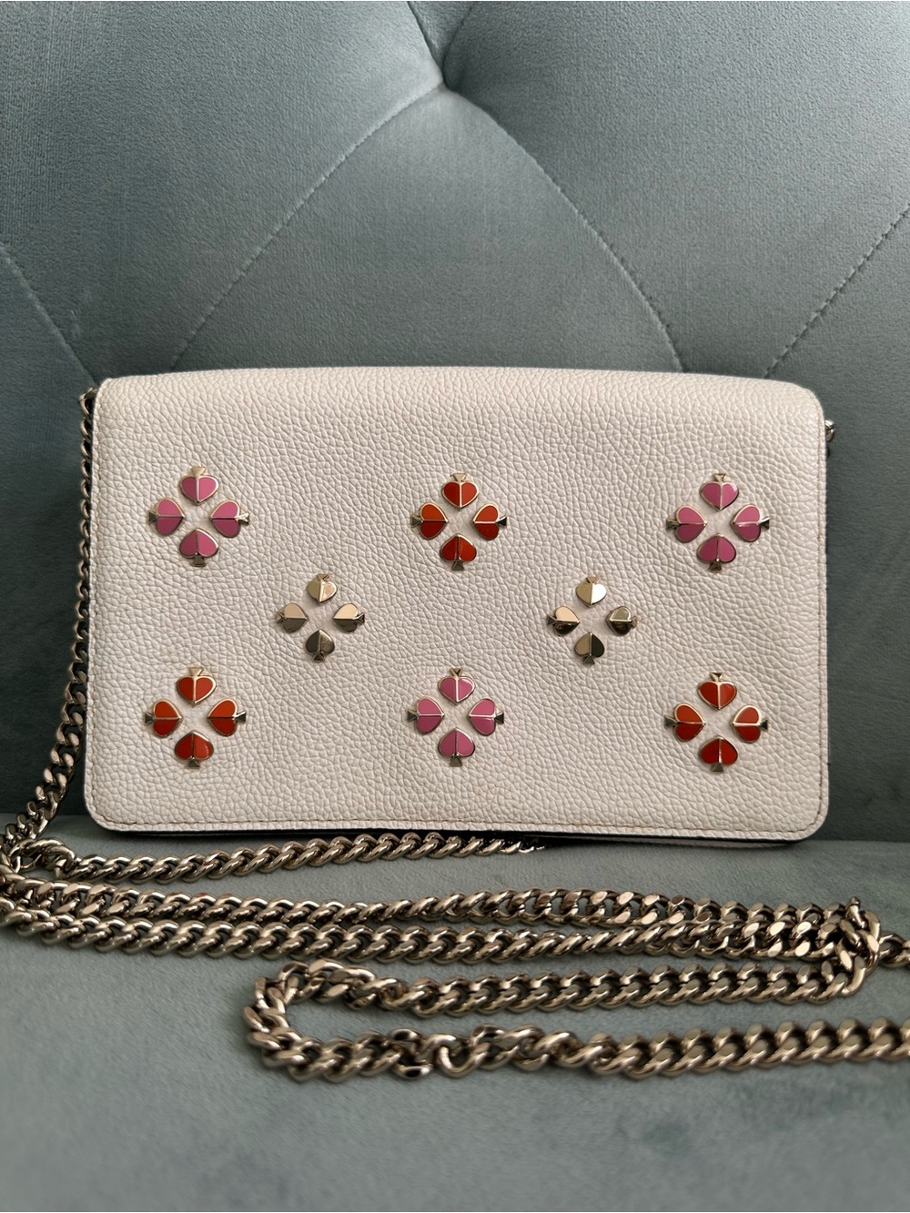 kate spade White Pebbled Leather Crossbody with Pink & Red Floral Studs